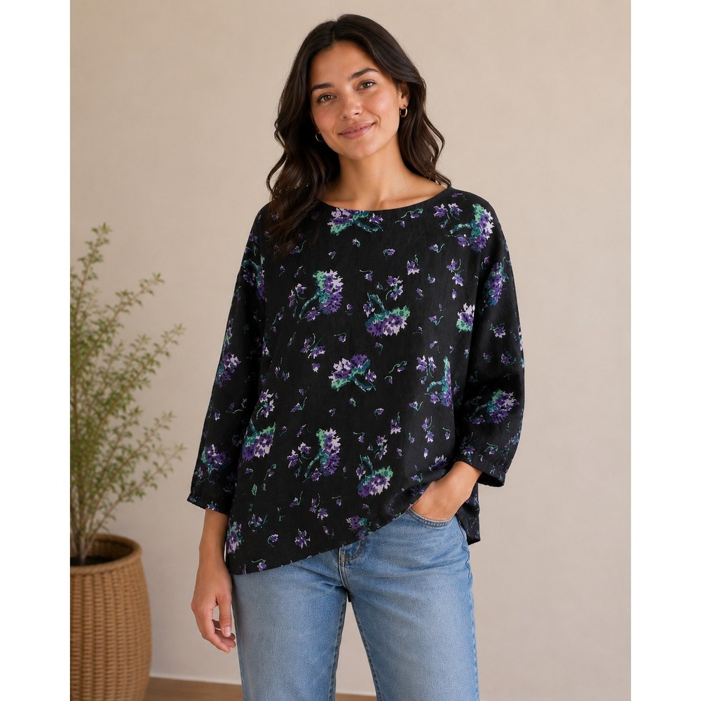 Rebecca Moses Blouse Womens Medium Black Purple‎ Floral 100% Linen Luxury